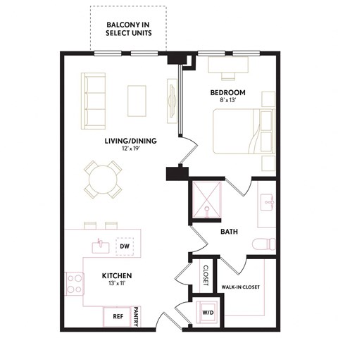 Floor plan for 1 bed, 1 bath, 691 sqft